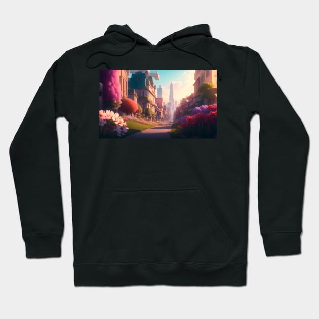 City street with beautiful flowers Hoodie by WODEXZ